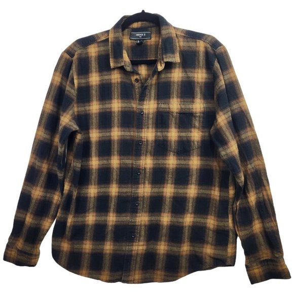 FOREVER 21 Other - Forever 21 Men’s Flannel Shirt Size L Tan & Black Plaid Button Up Long Sleeve